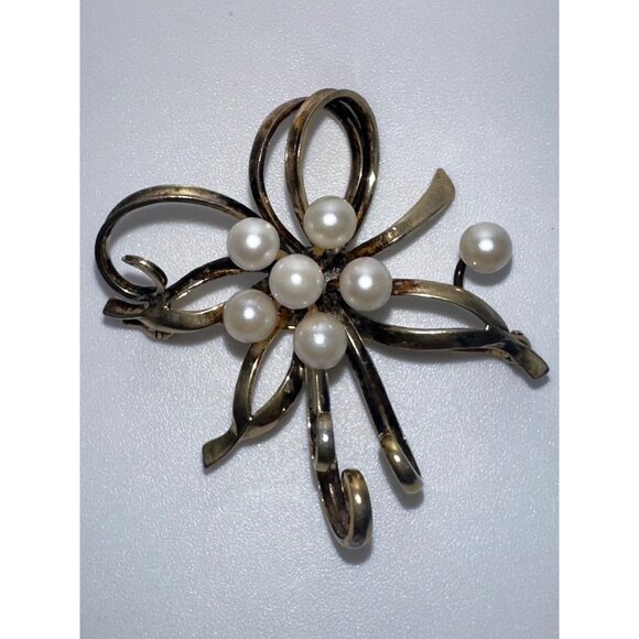 RR vintage sterling silver gold vermeil real freshwater pearls ribbon brooch pin - Picture 5 of 8